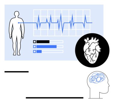 Hayati bulguları ECG grafiği, insan figürü, kalp çizimi ve beyin anatomisi ile izliyoruz. Sağlık, kardiyoloji, nörobilim, teşhis sağlığı araştırmaları ve tıbbi teknoloji için idealdir. Düz