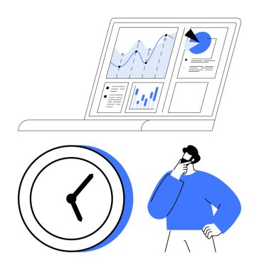 Büyük saate yakın düşünen adam, grafikler, grafikler ve verilerle dizüstü bilgisayarı aç. Zaman yönetimi, analitik, programlama, verimlilik karar verme verimliliği için idealdir. Minimalist düz basit