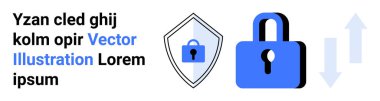 Kilitli bir kalkan, büyük bir asma kilit ve veri transferi ve güvenliği gösteren oklar. Siber güvenlik, gizlilik, şifreleme, güvenli ağlar, veri transferi, teknoloji düz iniş sayfası afişi için ideal