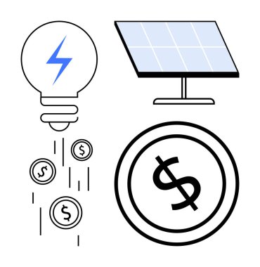 Güneş paneli, enerji sembollü ampul ve yenilenebilir enerji, maliyet tasarrufu ve sürdürülebilirliği gösteren bozuk para akışı. Enerji, finans, yenilik, ekolojik çözümler, yeşil teknoloji için ideal