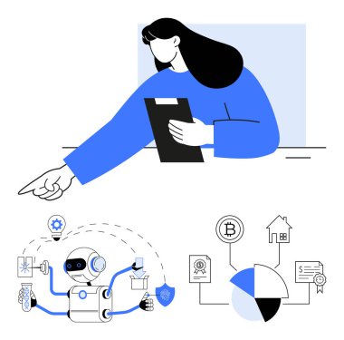 Otomasyon, veri, finans ve teknoloji işleriyle uğraşan bir robotu izleyen profesyonel bir kadın. Veri eğilimlerini görselleştiren pasta grafiği. Yenilik için ideal, yapay zeka, robot bilimi, veri analizi fintech