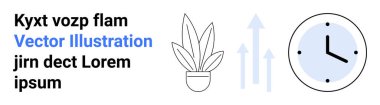 Yukarı doğru büyüyen okları ve zamanı ve ilerlemeyi simgeleyen bir saati olan saksı bitkisi. Büyüme, üretkenlik, zaman yönetimi, sürdürülebilirlik, hedefler, geliştirme, düz iniş sayfası afişi için ideal