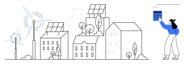 Kadın çevre dostu şehir binalarının yakınındaki güneş panelini ağaçlar, rüzgar türbinleri ve güneş çatıları ile etkinleştiriyor. Yenilenebilir enerji, sürdürülebilirlik, kentsel yaşam, teknoloji, çevre, yenilik için ideal