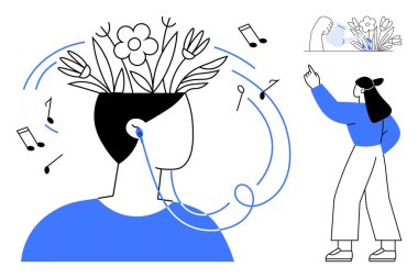 Kafadan büyüyen bitkiler ve çiçeklerle müzik dinleyen kişi yaratıcılığı, sakinliği ve ilhamı sembolize eder. Farkındalık, akıl sağlığı, eğitim, büyüme, yenilik müziği için ideal