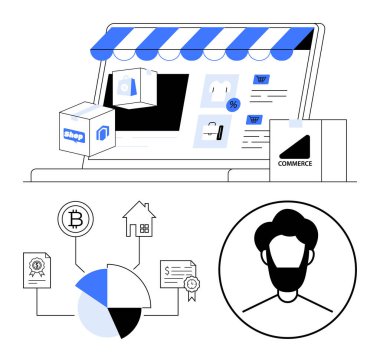 E- ticaret paneli, mağaza önü ve paketlerle, grafik ve simgelerle veri görselleştirmesi, yüz avatarı. Çevrimiçi iş, analitik, engelleme zinciri, pazarlama, kimlik, mali rapor için ideal