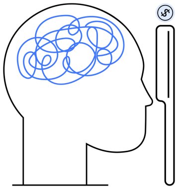 Kaotik mavi karalamalarla dolu insan kafasının dış hatları büyüteç camının yanında kafa karışıklığını simgeliyor. Psikoloji, akıl sağlığı, sorun çözme, içgözlem ve karar verme için ideal