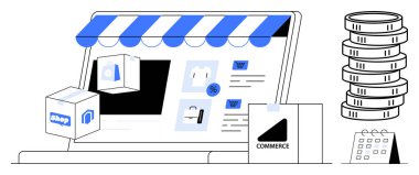 Depo tepe örtülü dizüstü bilgisayar, ürün simgeleri, alışveriş torbaları, bozuk paralar, teslimat kutusu ve takvim. Çevrimiçi alışveriş, perakende lojistik ödeme tasarruf planlama ve satış promosyonu için ideal. Düz