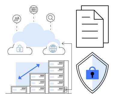 Sunucu raflarına, belgelere, kilitli güvenlik kalkanına ve grafiksel oklara bağlı bulut depolama simgeleri. Siber güvenlik, veri koruması, bulut hesaplama, ağ güvenliği ve bilişim için ideal