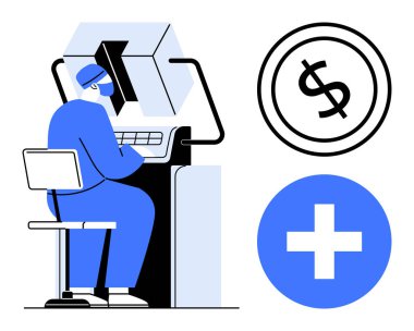 Sağlık çalışanı 3D görüntüleme sistemini inceliyor. Yanında dolar işareti ve tıbbi haç var. Sağlık, tıbbi teknoloji, teşhis, finans, sigorta, maliyet analizi, daire
