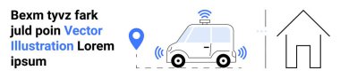 Kablosuz sinyal yayan otonom araba, GPS konum kodu ve minimalist ev taslağı. Hareket kabiliyeti, akıllı teknoloji, navigasyon, IOT, dağıtım, kentsel planlama ve basit bir iniş sayfası için ideal