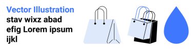 Mavi bir su damlası sembolünün yanında basit tasarımları olan üç alışveriş çantası. Perakende tasarım, e-ticaret, sürdürülebilirlik, eko-bilinç, pazarlama, markalaşma ve düz iniş sayfası afişi için ideal