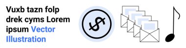 Üç zarf ve bir notanın yanında dolar para sembolü, finans, posta iletişimi ve yaratıcı sanat eserlerinin temalarını birleştiren bir nota. Finans, mesajlaşma, e-posta kampanyaları, müzik ve yaratıcılık için ideal