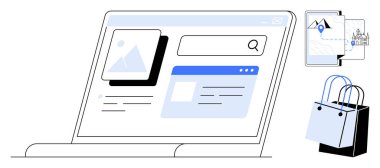 Ürün arayüzü, resimleri ve bilgileri gösteren dizüstü bilgisayar ekranı. Laptopun yanında alışveriş torbaları. E-ticaret, çevrimiçi alışveriş, dijital pazarlama, perakende, tüketici davranışı için ideal