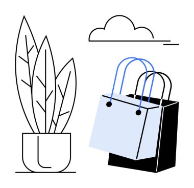 Büyük yapraklı saksı bitkisi, bir siyah ve bir beyaz alışveriş çantası, ve basit bir bulut grafiği. Perakende, sürdürülebilirlik, çevrimiçi alışveriş, çevre, minimalizm, ev dekorasyonu tüketimi için ideal