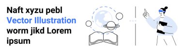 Küresel öğrenme kavramlarını gezegen ve açık kitap tasvirleriyle sunan bir kadın. Eğitim, bilgi, öğretim, bilim, araştırma, yenilik, işbirliği projeleri ve basit iniş sayfası için ideal