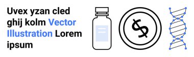 İlaç şişesi, dolar parası, DNA ipliği tıbbi araştırmayı, sağlık ödeneğini ve genetiği sembolize ediyor. Biyoteknoloji, sağlık ekonomisi, araştırma, ilaç yenilik bilimi için ideal
