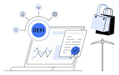 Veri tabloları, DeFi elemanları ve sertifikalı dizüstü bilgisayar. Etrafı alışveriş torbaları ve maden kazmalarıyla çevrili. Finans, kripto para birimi, e-ticaret, engelleme zinciri, akıllı sözleşmeler için ideal dijital