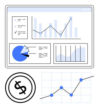Kontrol panelinde analitiği temsil eden çizelgeler, pasta grafikleri, çizgi grafikleri ve dolar sembolleri var. Finans, istatistik, yatırım, raporlama, iş büyüme bütçesi soyut çizgi için idealdir