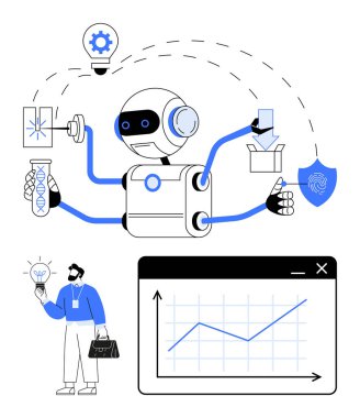 Robot çoklu görevi DNA iplikleri, kalkan ve sıvı grafikler tutarak veri büyümesini gösteriyor. Ampul tutan adam fikirleri iletir. Yapay zeka, yenilik, araştırma ve güvenlik için ideal