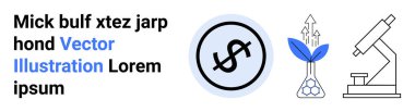 Dairesel çerçevede dolar işareti, test tüpünden filizlenen bitki ve mikroskop. Sürdürülebilirlik, yenilik, araştırma, finans, büyüme, eko-bilim temaları için ideal basit iniş sayfası