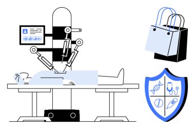 Hasta üzerinde ameliyat yapan tıbbi robot, sağlık koruma kalkanı sembolü ve alışveriş torbaları. Sağlık, robotik, otomasyon, ameliyat, teknoloji, hasta bakımı fütüristik tıp için ideal