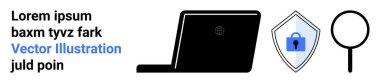 Laptop silueti, kilit sembollü kalkan ve veri güvenliği ve korumasını vurgulayan büyüteç. Siber güvenlik, teknoloji, dijital mahremiyet, veri koruması ve çevrimiçi güvenlik için ideal