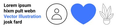 Minimalist kullanıcı profili simgesi, canlı mavi kalp ve saksı bitkisi. Sosyal medya, profil, sağlık, doğa, aşk, dijital iletişim düz iniş sayfası afişi için ideal