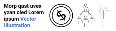 Dolar parası, organizasyon şeması ve rüzgar türbini finans, liderlik ve yenilenebilir enerjiyi vurguluyor. Sürdürülebilirlik, takım çalışması, ekonomi ve yeşil enerji çözümleri için ideal yatırım büyümesi