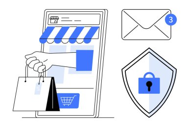 Akıllı telefondan alınan el çantası, yeni e-posta bildirimi ve kilitli kalkan. Çevrimiçi alışveriş, e-ticaret, e-posta uyarıları, siber güvenlik, mobil ticaret, dijital