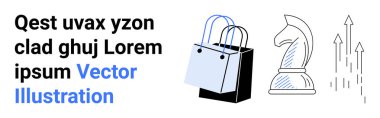 Alışveriş torbası ikonu, satranç şövalyesi silueti, yukarı doğru oklar, yer tutucu lorem metni. Strateji, perakende, büyüme, karar verme, planlama, düz iniş sayfası afişi için ideal