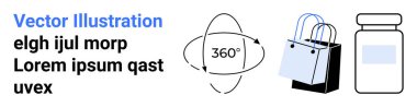 360 derecelik ok, alışveriş torbası ve ilaç şişesi. E-ticaret, perakende satış, ürün gösterimi, çevrimiçi alışveriş, sağlık, pazarlama ve düz iniş sayfası afişi için ideal