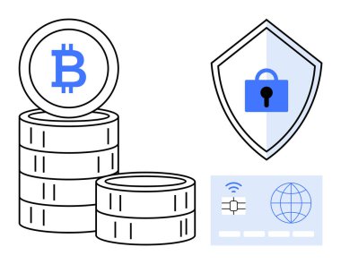 Birikmiş Bitcoin paraları, güvenlik için kilit simgesi olan kalkan kablosuz ve küresel dijital kart. Kripto para birimi, çevrimiçi işlemler, dijital güvenlik, engelleme zinciri, fintech, finansal teknoloji için ideal