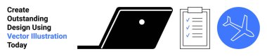 Laptop silueti, işaretli kontrol listesi ve mavi daireli bir uçak. Üretkenlik, proje yönetimi, seyahat planlaması, uzak çalışma, hedef belirleme, lojistik ve soyut çizgi düz metaforu için ideal