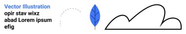 Basit kara bulut çizgisi sanatının yanında noktalı uçuş yolu olan mavi bir yaprak. Doğa, hava, büyüme, sürdürülebilirlik, yaratıcılık, minimalizm için ideal, basit iniş sayfası