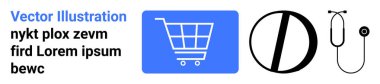 Mavi alışveriş arabası ve siyah daire, steteskop, perakende satış ve sağlık konseptleriyle yan yana. E-ticaret, teletıp, sağlık alışverişi, çevrimiçi perakende, dijital pazarlama için ideal