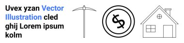 Minimalist kazma, içinde dolar işareti olan bozuk para ve basit bir sanat eseri olan ev. Finans, madencilik, yatırım, gayrimenkul, tasarruf inşaatı konutları için ideal. Soyut çizgi düz metafor