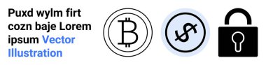 Bitcoin, dolar işareti çemberi ve kilit simgesi kripto para, finans ve güvenliği sembolize ediyor. Finansal uygulamalar, engelleme zinciri, ödeme sistemleri, dijital cüzdanlar fintech siber güvenlik için ideal