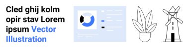 Turta grafiği ve barları olan veri paneli, modern saksı bitkisi, yel değirmeni çizgisi. Analiz, enerji, doğa, sürdürülebilirlik, asgari tasarım, bilgi grafikleri düz iniş sayfası pankartı için ideal