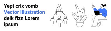 Takım hiyerarşisinin görsel temsilcisi, saksı bitkisi, dizüstü bilgisayarla uzaktan çalışma uzmanı. Takım çalışması, liderlik, işyeri, işbirliği, uzaktan çalışma, modern tasarım düz iniş sayfası için ideal