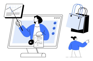 İş adamı ekranın önünde tabloyu tutuyor, duygu simgeleriyle, alışveriş torbalarıyla, uzaktaki figürlerle gösteriyor. E-ticaret, pazarlama, strateji, çevrimiçi öğrenme ve analitik veriler için ideal