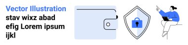 Cüzdan simgesi, asma kilitli bir kalkan, dizüstü bilgisayar kullanan biri. Finans, siber güvenlik, ödeme güvenliği, veri gizliliği, çevrimiçi bankacılık, fintech düz iniş sayfası afişi için ideal