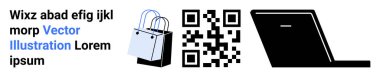 Alışveriş çantası ve dizüstü bilgisayarın yanındaki QR kodu dijital alışveriş, e-ticaret, çevrimiçi perakende satış, pazarlama, ödeme, teknoloji ve yeniliği sembolize ediyor. Modern iş tanıtımı ve düz iniş için ideal.