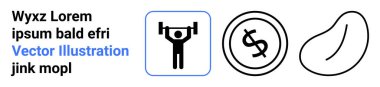 Halter kaldıran kişi, dolar işareti olan bir bozuk para ve basit çizgi sanatında soyut bir şekil. Fitness, finans, sağlık, minimalizm, soyut sanat yaşam tarzı kavramları için idealdir. Soyut çizgi