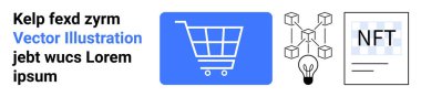Alışveriş arabası, engelleme düğümleri, ampul ve NFT belgesi. E-ticaret, engelleme zinciri, yenilik, kripto para birimi, dijital mülkiyet çevrimiçi işlemler ve basit bir iniş sayfası için ideal