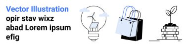 Rüzgâr türbini ve güneş paneli olan ampul, alışveriş torbaları, istiflenmiş bozuk paraların üzerinde filizlenen bitki. Yeşil enerji, eko-alışveriş, finans büyümesi, sürdürülebilirlik, doğa bakımı, inovasyon düzlemi için ideal