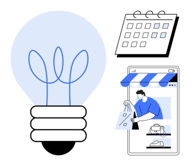 Ampul, takvim ve cep telefonu alışveriş sahnesi. E-ticaret planlaması için ideal, yenilikçi çözümler, zaman yönetimi, çevrimiçi perakende, yaratıcı düşünce, iş stratejileri soyut düz çizgi