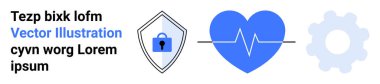 Siber güvenlik için kilit sembollü kalkan, nabız çizgisi sağlığı simgeleyen kalp ve teknoloji için teçhizat. Sağlık teknolojisi, çevrimiçi güvenlik, altyapı, yenilik, bilim, strateji için ideal