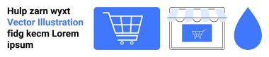 Alışveriş arabası ikonu, vitrin önü grafiği, mavi damlacık şekli. E-ticaret için ideal, çevrimiçi alışveriş, dijital iş, perakende, mağaza markalaşması, uygulama arayüzü basit iniş sayfası