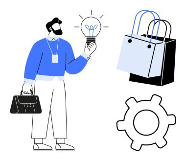 Profesyonel iş adamı elinde ampul, alışveriş çantaları ve vites sembolünün yanında evrak çantası tutuyor. Ticari yenilik, e-ticaret, üretkenlik araçları, problem çözme, perakende stratejisi, iş akışı için ideal