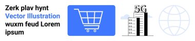 Alışveriş arabası ikonu, 5G bar grafiği ve e-ticaret, teknoloji ve küresel iletişimi temsil eden dünya çizgisi. Teknoloji, perakende, iletişim, ağ işi pazarlaması için idealdir.